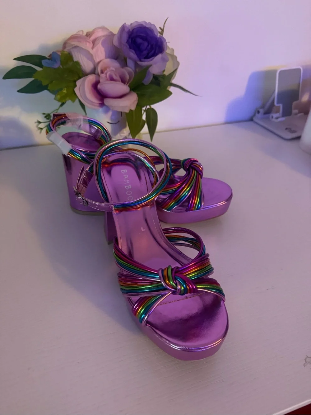 BAMBOO Metallic Pink Platform Sandals with Rainbow Straps